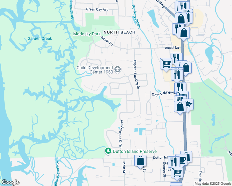 map of restaurants, bars, coffee shops, grocery stores, and more near 1359 Cove Landing Drive in Atlantic Beach