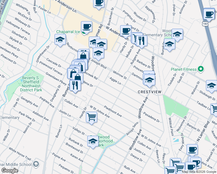 map of restaurants, bars, coffee shops, grocery stores, and more near 1907 Richcreek Road in Austin