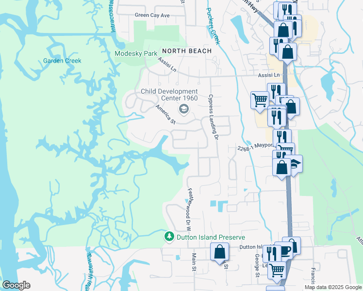 map of restaurants, bars, coffee shops, grocery stores, and more near 1359 Cove Landing Drive in Atlantic Beach