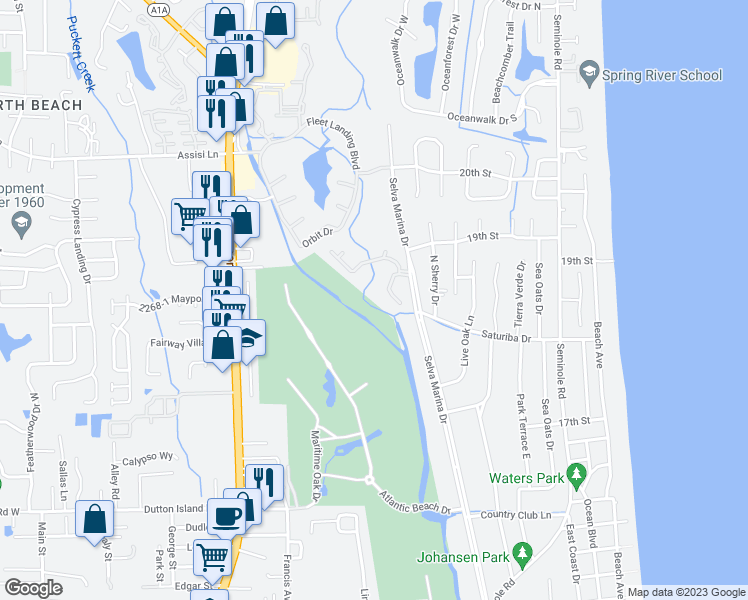 map of restaurants, bars, coffee shops, grocery stores, and more near Sevilla Boulevard West in Atlantic Beach