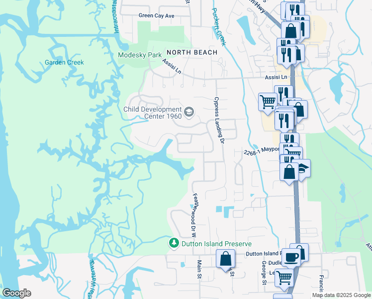 map of restaurants, bars, coffee shops, grocery stores, and more near 1359 Cove Landing Drive in Atlantic Beach