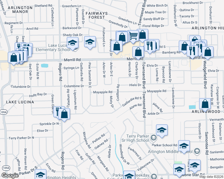 map of restaurants, bars, coffee shops, grocery stores, and more near 6935 Mayapple Road in Jacksonville