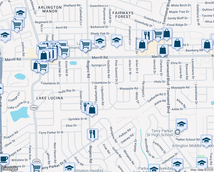map of restaurants, bars, coffee shops, grocery stores, and more near 2434 Gaillardia Road in Jacksonville