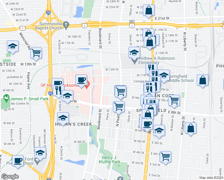 map of restaurants, bars, coffee shops, grocery stores, and more near 1919 Perry Street in Jacksonville