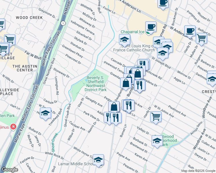 map of restaurants, bars, coffee shops, grocery stores, and more near 2611 Ellise Avenue in Austin