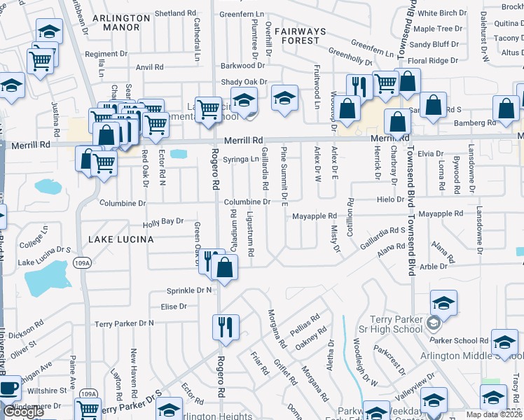 map of restaurants, bars, coffee shops, grocery stores, and more near 2434 Gaillardia Road in Jacksonville