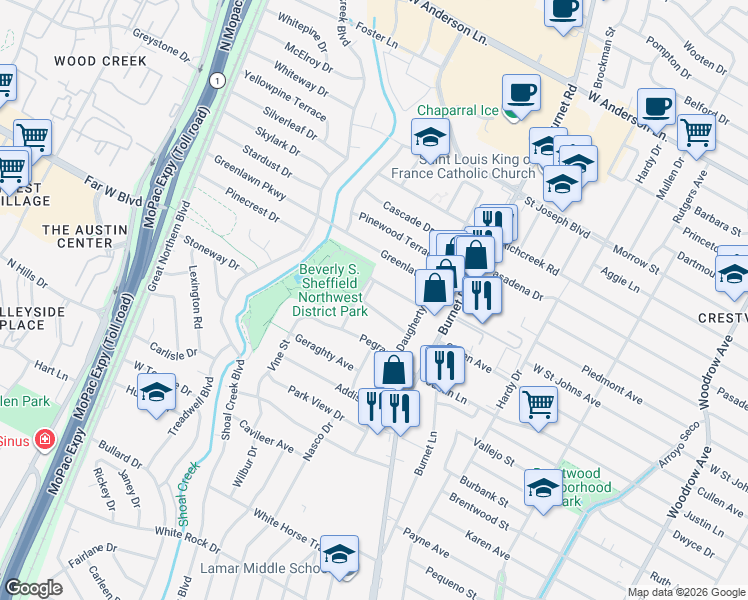 map of restaurants, bars, coffee shops, grocery stores, and more near 2611 Ellise Avenue in Austin