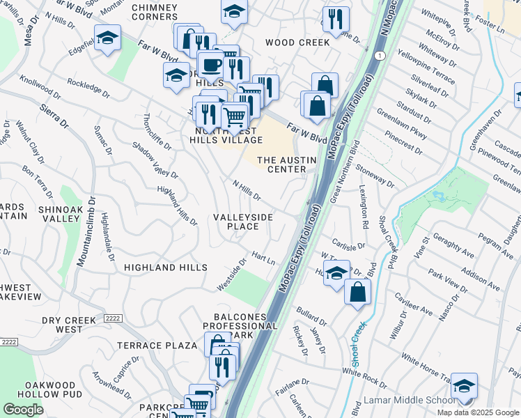 map of restaurants, bars, coffee shops, grocery stores, and more near 3469 North Hills Drive in Austin