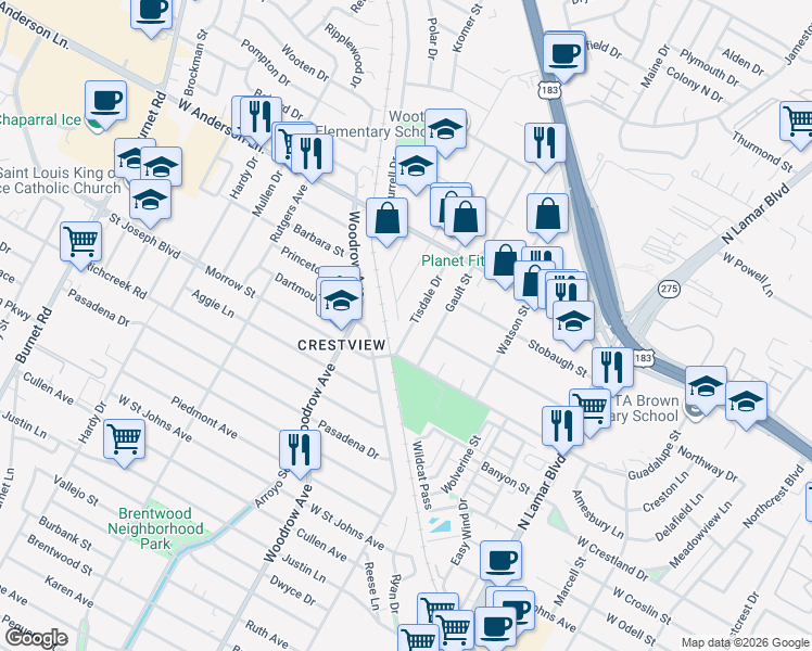 map of restaurants, bars, coffee shops, grocery stores, and more near 7608 Tisdale Drive in Austin