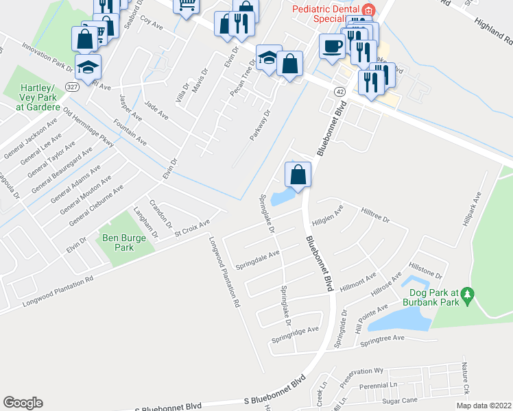 map of restaurants, bars, coffee shops, grocery stores, and more near 1346 Springlake Drive in Baton Rouge