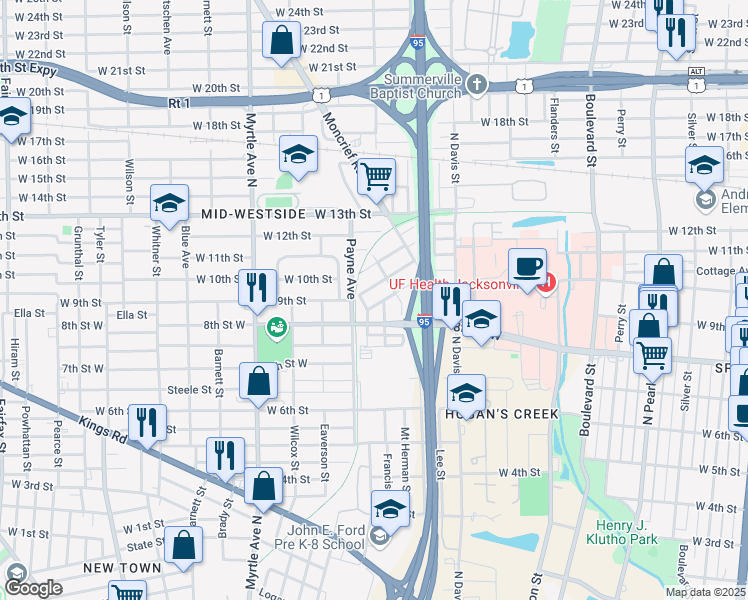 map of restaurants, bars, coffee shops, grocery stores, and more near 1089 Reiman Street in Jacksonville