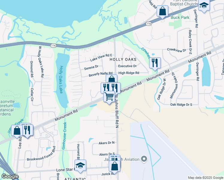 map of restaurants, bars, coffee shops, grocery stores, and more near 1612 Saint Johns Bluff Road North in Jacksonville
