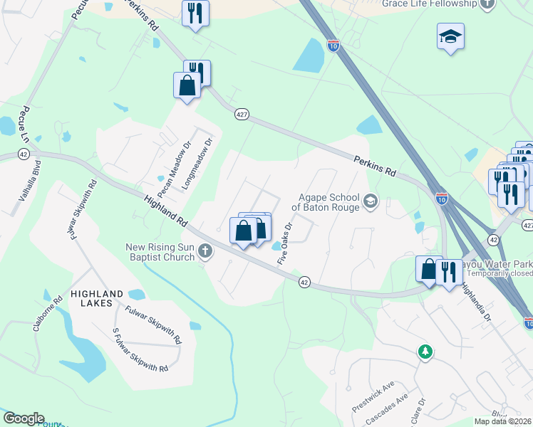 map of restaurants, bars, coffee shops, grocery stores, and more near 17826 West Colony Way in Baton Rouge