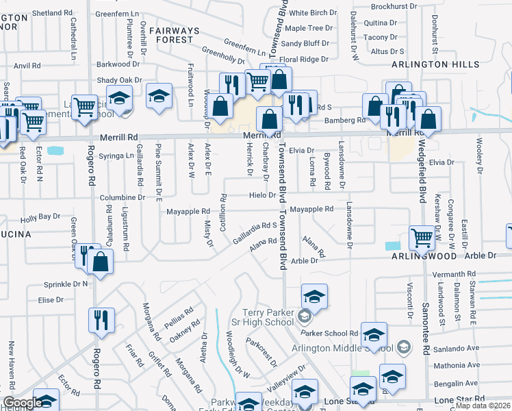 map of restaurants, bars, coffee shops, grocery stores, and more near 7109 May Apple Road in Jacksonville