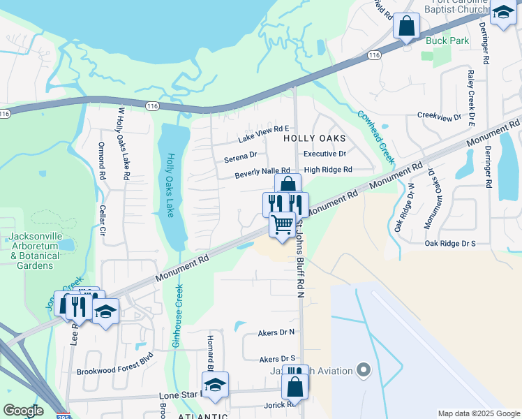 map of restaurants, bars, coffee shops, grocery stores, and more near 11 1500-3 Monument Ap in Jacksonville