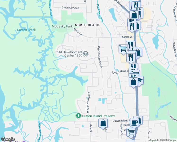 map of restaurants, bars, coffee shops, grocery stores, and more near 1306 Cove Landing Drive in Jacksonville