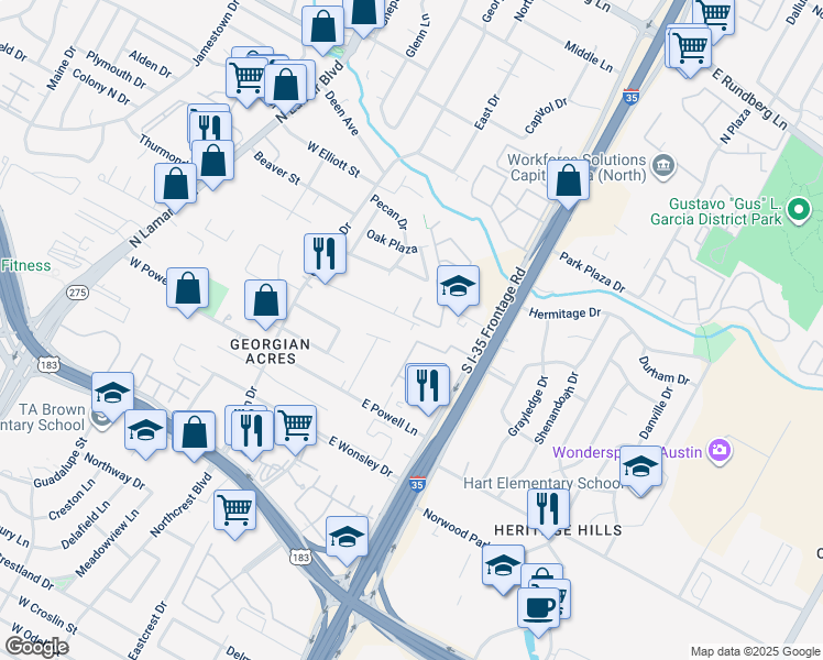 map of restaurants, bars, coffee shops, grocery stores, and more near 505 Oertli Lane in Austin