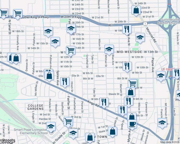 map of restaurants, bars, coffee shops, grocery stores, and more near 1625 West 9th Street in Jacksonville