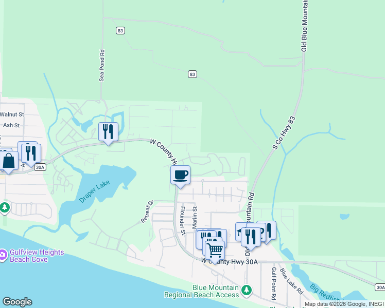 map of restaurants, bars, coffee shops, grocery stores, and more near 125 Gulfview Circle in Santa Rosa Beach