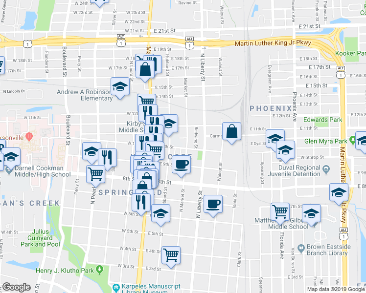 map of restaurants, bars, coffee shops, grocery stores, and more near 138 East 10th Street in Jacksonville