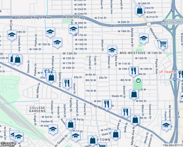 map of restaurants, bars, coffee shops, grocery stores, and more near 1610 West 9th Street in Jacksonville