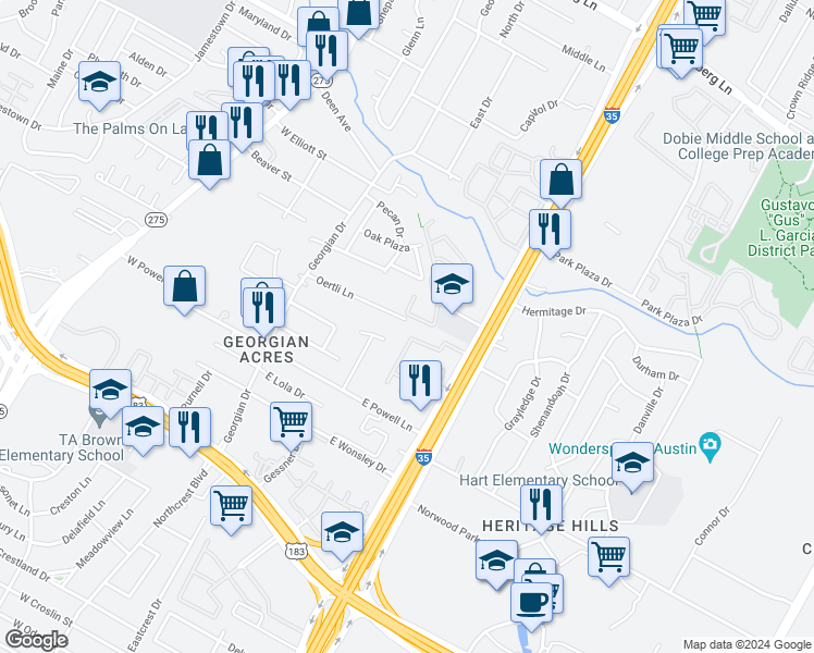 map of restaurants, bars, coffee shops, grocery stores, and more near 505 Oertli Lane in Austin