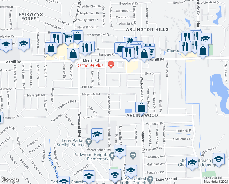 map of restaurants, bars, coffee shops, grocery stores, and more near 7433 May Apple Road in Jacksonville