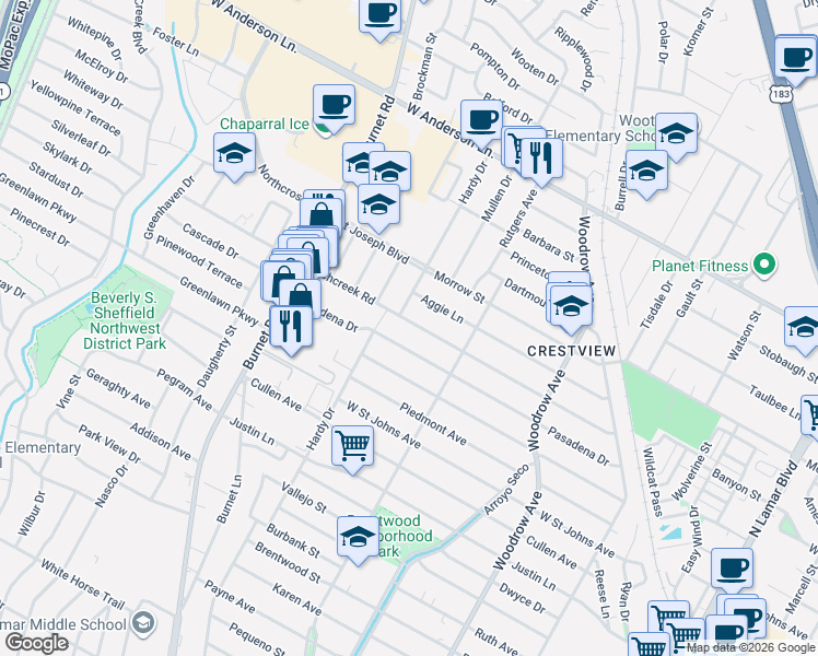 map of restaurants, bars, coffee shops, grocery stores, and more near 1911 Richcreek Road in Austin