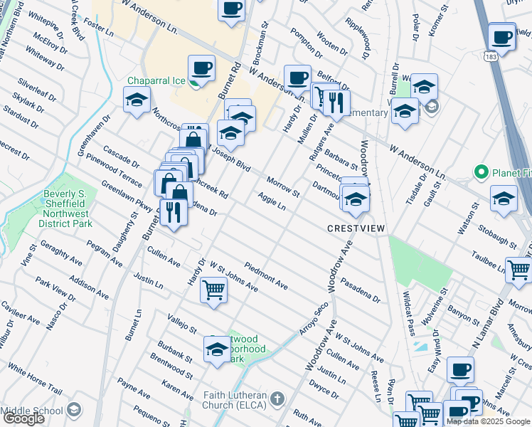 map of restaurants, bars, coffee shops, grocery stores, and more near 1900 Richcreek Road in Austin
