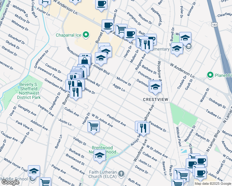 map of restaurants, bars, coffee shops, grocery stores, and more near 1900 Richcreek Road in Austin