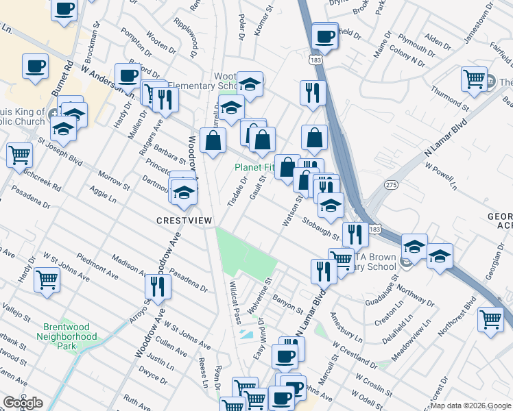 map of restaurants, bars, coffee shops, grocery stores, and more near 1206 Taulbee Lane in Austin