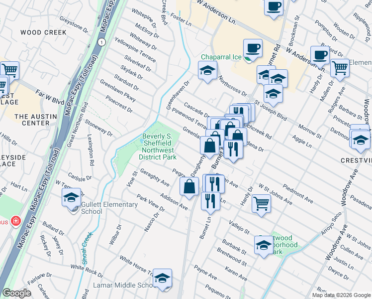 map of restaurants, bars, coffee shops, grocery stores, and more near 2509 Albata Avenue in Austin