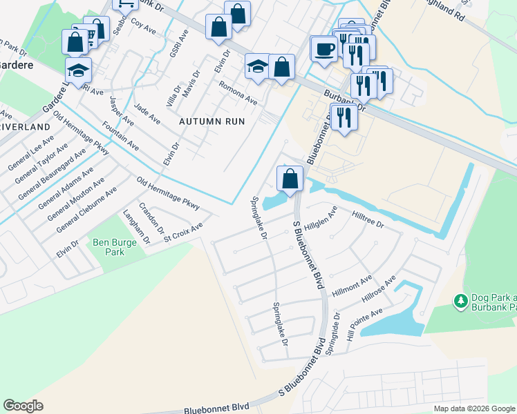 map of restaurants, bars, coffee shops, grocery stores, and more near 1346 Springlake Drive in Baton Rouge