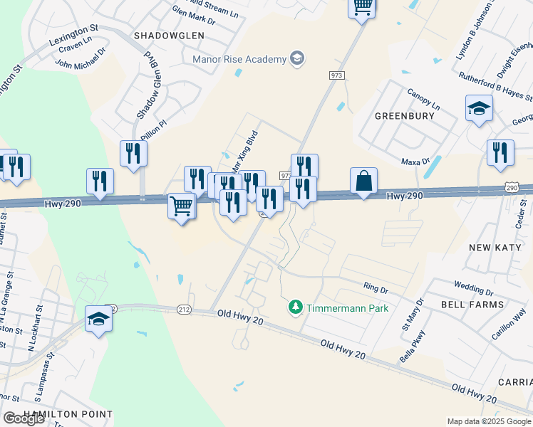 map of restaurants, bars, coffee shops, grocery stores, and more near 12948 Farm to Market 973 in Manor