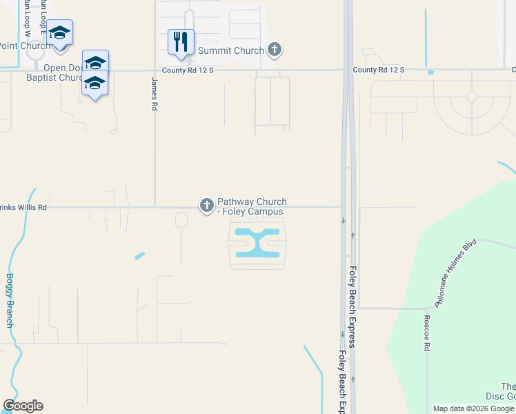 map of restaurants, bars, coffee shops, grocery stores, and more near 21410 Brinks Willis Road in Foley