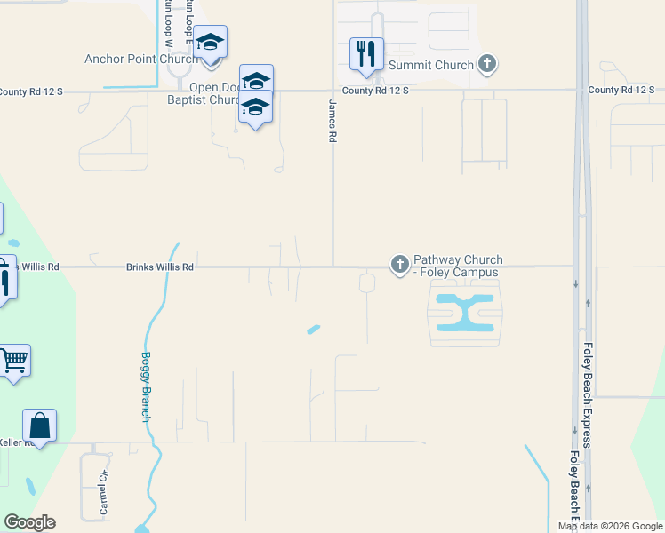 map of restaurants, bars, coffee shops, grocery stores, and more near 8500 James Road in Foley