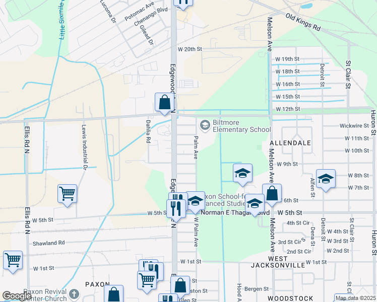map of restaurants, bars, coffee shops, grocery stores, and more near 3519 Oleander Street in Jacksonville