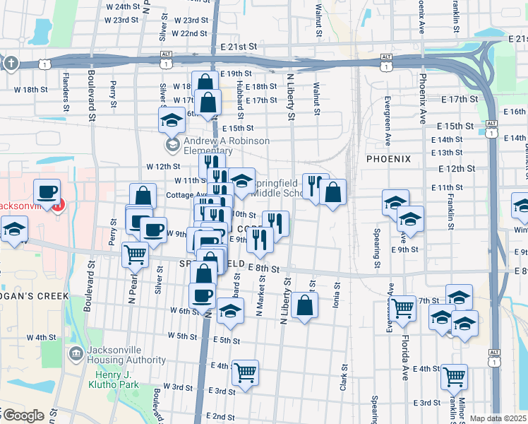 map of restaurants, bars, coffee shops, grocery stores, and more near 138 East 10th Street in Jacksonville