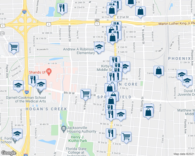 map of restaurants, bars, coffee shops, grocery stores, and more near 1926 Silver Street in Jacksonville