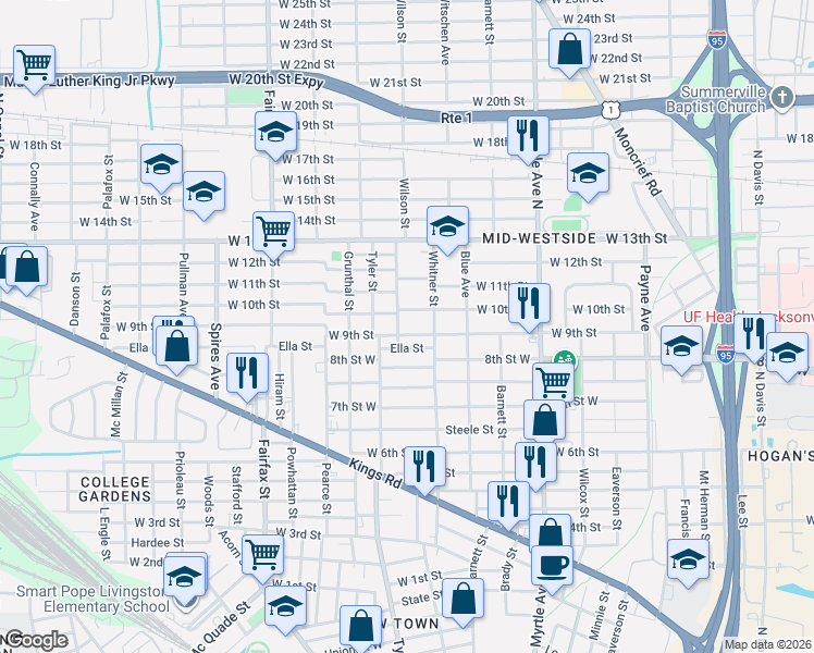 map of restaurants, bars, coffee shops, grocery stores, and more near 1544 West 9th Street in Jacksonville