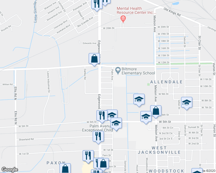 map of restaurants, bars, coffee shops, grocery stores, and more near 3540 Oleander Street in Jacksonville