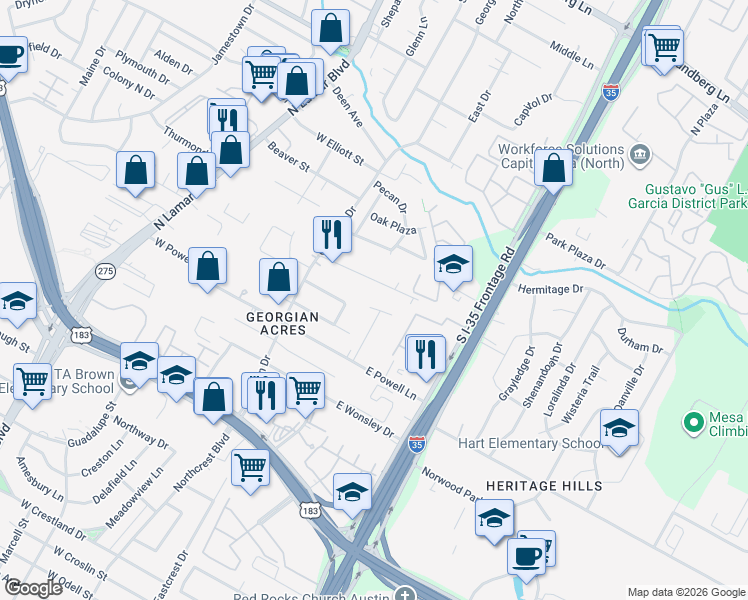map of restaurants, bars, coffee shops, grocery stores, and more near 300 John N Garner Circle in Austin