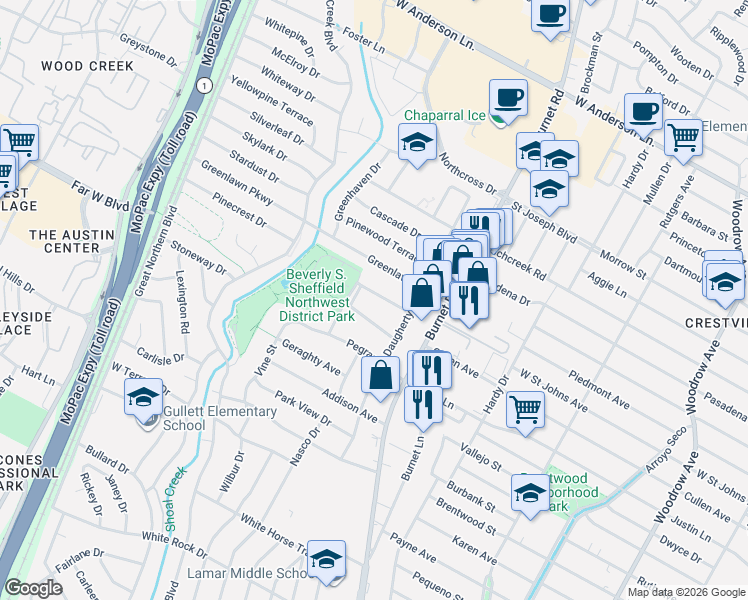 map of restaurants, bars, coffee shops, grocery stores, and more near 2509 Albata Avenue in Austin