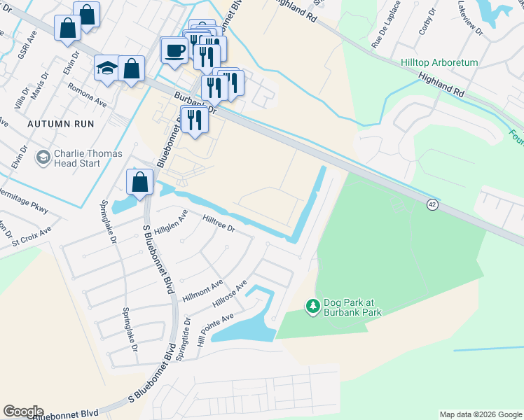 map of restaurants, bars, coffee shops, grocery stores, and more near 10947 Hilltree Drive in Baton Rouge