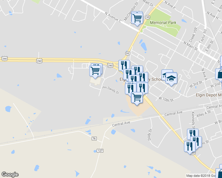 map of restaurants, bars, coffee shops, grocery stores, and more near Jim Dandy Drive in Elgin