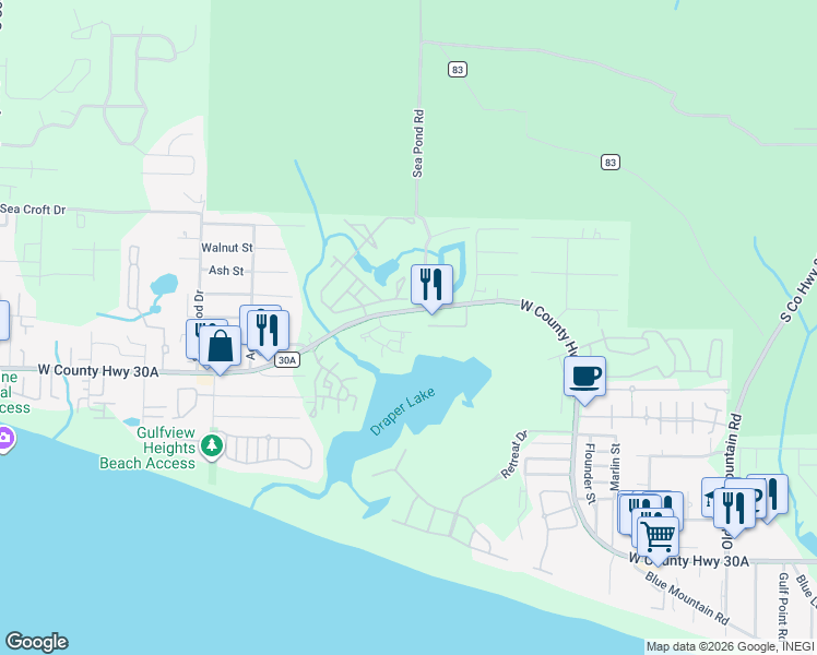 map of restaurants, bars, coffee shops, grocery stores, and more near 47 Boathouse Road in Santa Rosa Beach