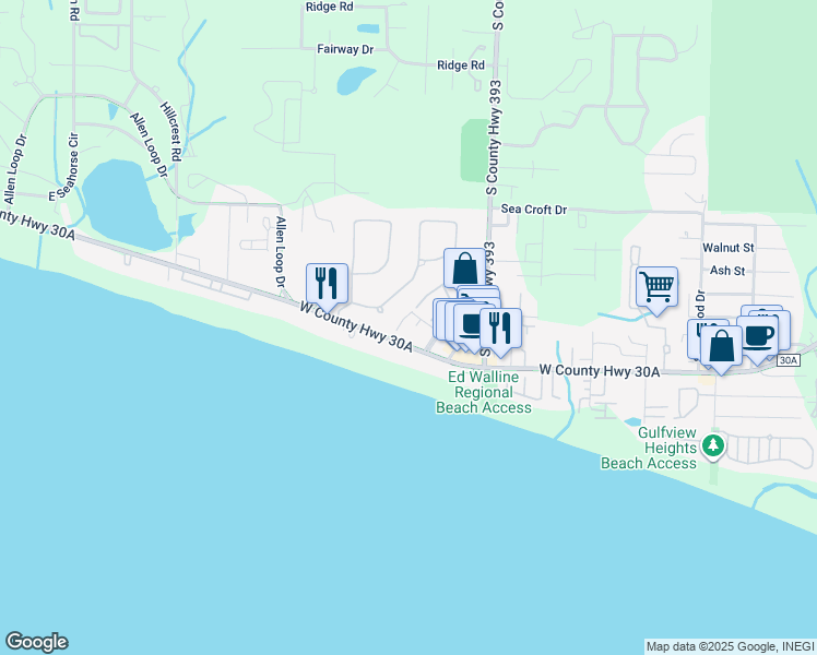 map of restaurants, bars, coffee shops, grocery stores, and more near 144 Spires Lane in Santa Rosa Beach