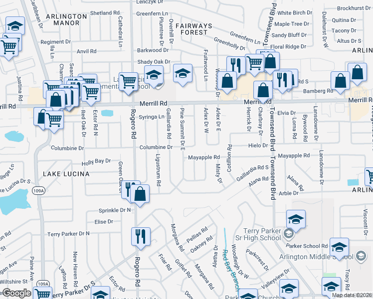 map of restaurants, bars, coffee shops, grocery stores, and more near 6720 Columbine Drive in Jacksonville