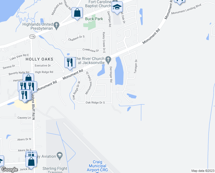 map of restaurants, bars, coffee shops, grocery stores, and more near 1631 Windhaven Drive East in Jacksonville