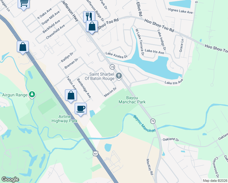 map of restaurants, bars, coffee shops, grocery stores, and more near 17732 Macon Drive in Baton Rouge